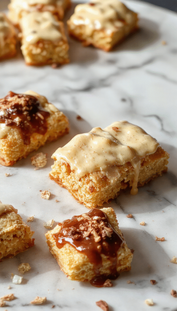 Colorful display of golden-brown cannoli squares garnished with powdered sugar and chocolate chips, neatly arranged on a white platter, with a rustic wooden background, showcasing the creamy filling and crisp shells with textures and vibrant contrast.