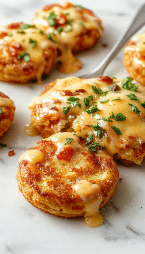A vibrant plate of golden brown McGriddle Bites arranged attractively, showing crispy edges and soft sweet pancake centers with miniature sausage patties nestled inside, presented on a rustic wooden platter with a drizzle of syrup and fresh berries on the side, styled with a splash of powdered sugar for a tempting look.