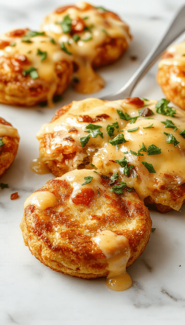 A vibrant plate of golden brown McGriddle Bites arranged attractively, showing crispy edges and soft sweet pancake centers with miniature sausage patties nestled inside, presented on a rustic wooden platter with a drizzle of syrup and fresh berries on the side, styled with a splash of powdered sugar for a tempting look.