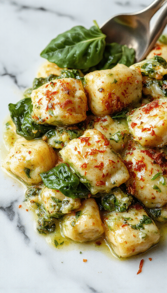 A vibrant plate of baked gnocchi covered in rich green pesto sauce, topped with melted cheese and fresh spinach leaves, presented on a rustic wooden table