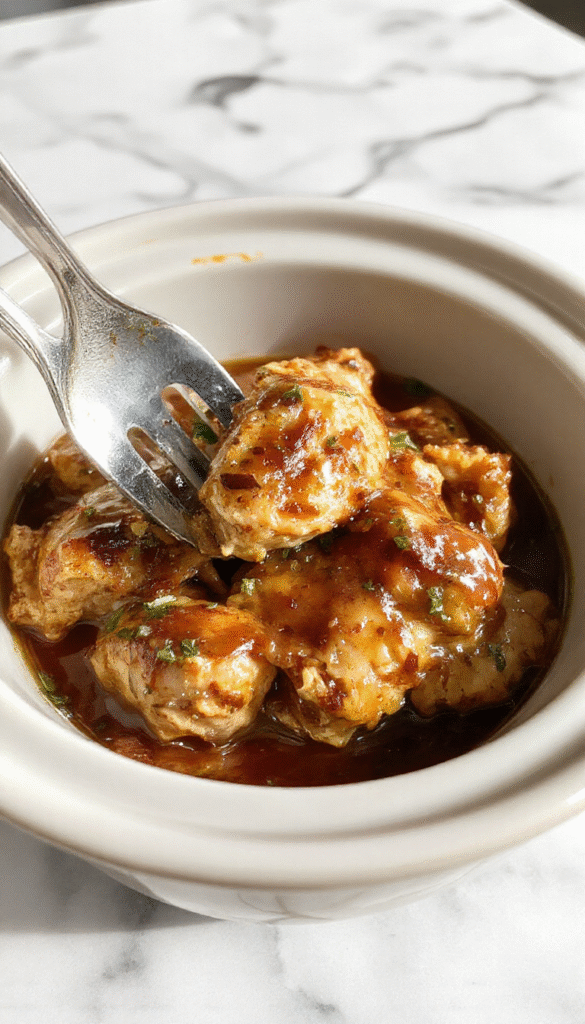 Colorful crock pot bourbon chicken served on a white plate with a glossy, caramelized glaze, garnished with chopped green onions and sesame seeds, showcasing tender chicken pieces and a rich sauce.