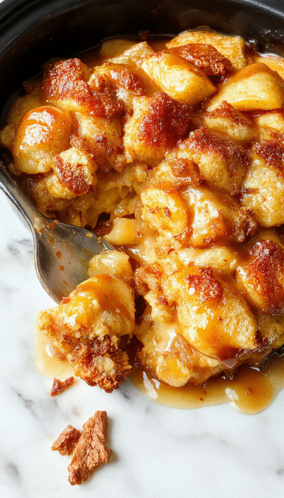 A close-up of a freshly baked caramel apple dump cake in a round baking dish, topped with caramel drizzle and sliced apples with a golden-brown crumbly topping, styled on a rustic wooden table with a spoon and a small bowl of caramel sauce nearby.
