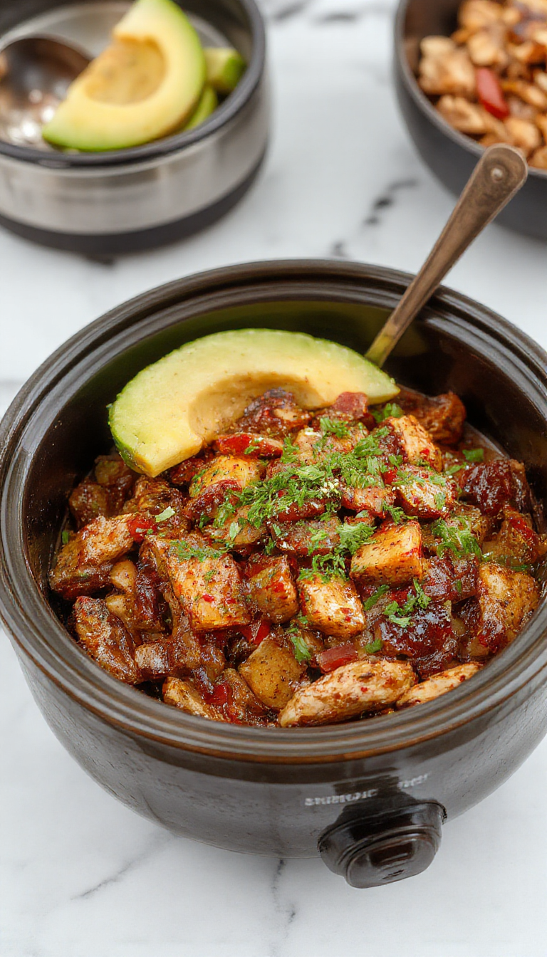 Vibrant colorful plates of crockpot fajitas featuring tender sliced grilled chicken and bell peppers with onions, topped with fresh cilantro and melted cheese, served on warm tortillas with lime slices, styled in a rustic kitchen setting with a wooden background and bright natural lighting.