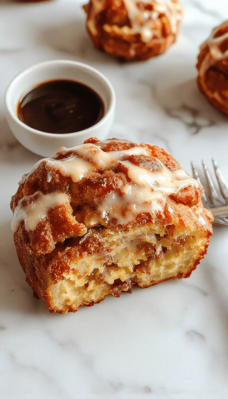 A golden-brown monkey bread pulled apart to reveal a soft, fluffy interior drenched in cinnamon sugar, topped with glistening caramel glaze, presented in a rustic white dish on a wooden table with a dusting of powdered sugar and fresh berries garnish