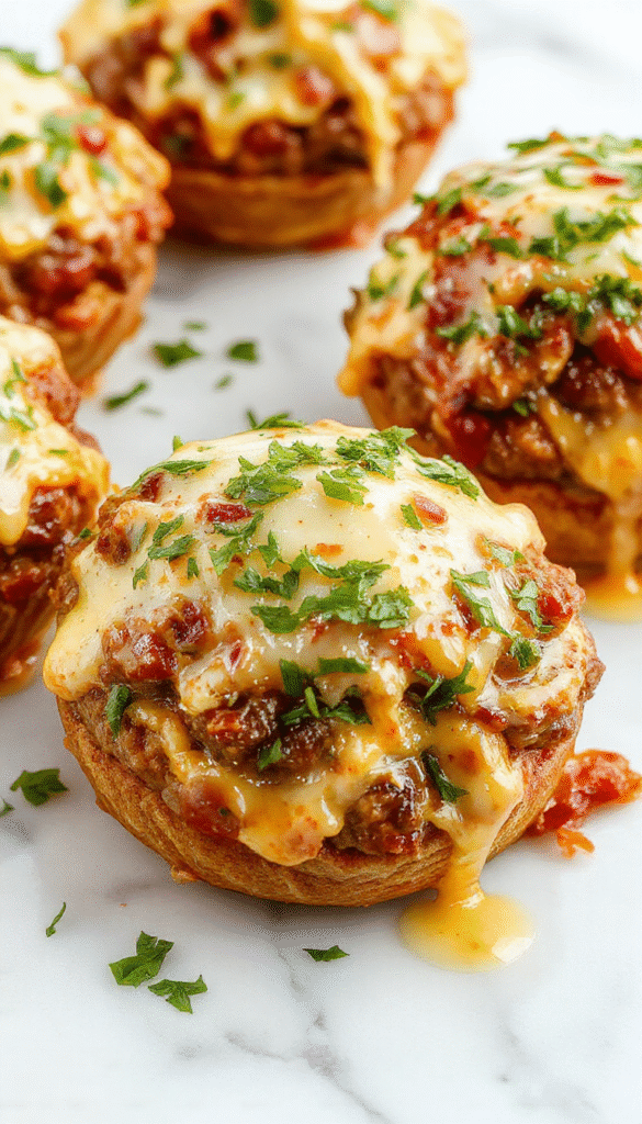 A close-up of golden-brown cheeseburger bombs topped with melted parmesan and minced garlic, arranged on a rustic wooden platter with fresh herbs and dipping sauces, with a crispy exterior and gooey cheese inside.