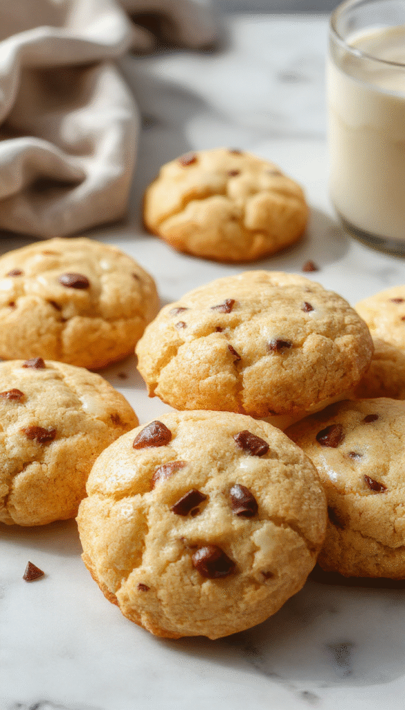 A close-up of golden-brown German butter cookies arranged on a rustic wooden plate with a few cookies overlapping. The cookies have a flaky, buttery texture with a slight shine on their surface, garnished with a touch of powdered sugar and a sprig of fresh herbs. The background shows a softly blurred kitchen setting with warm lighting, highlighting the inviting and homemade feel of the dessert