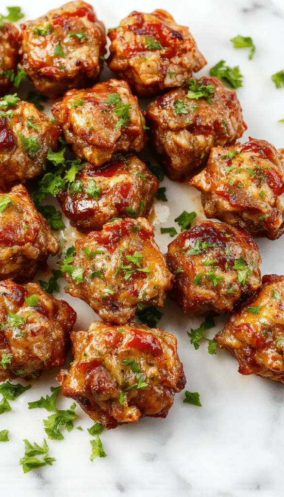 Colorful close-up of tender beef bites glazed with garlic butter sauce, garnished with fresh herbs on a rustic plate with a sprinkle of parsley, showcasing crispy edges and juicy interior textures