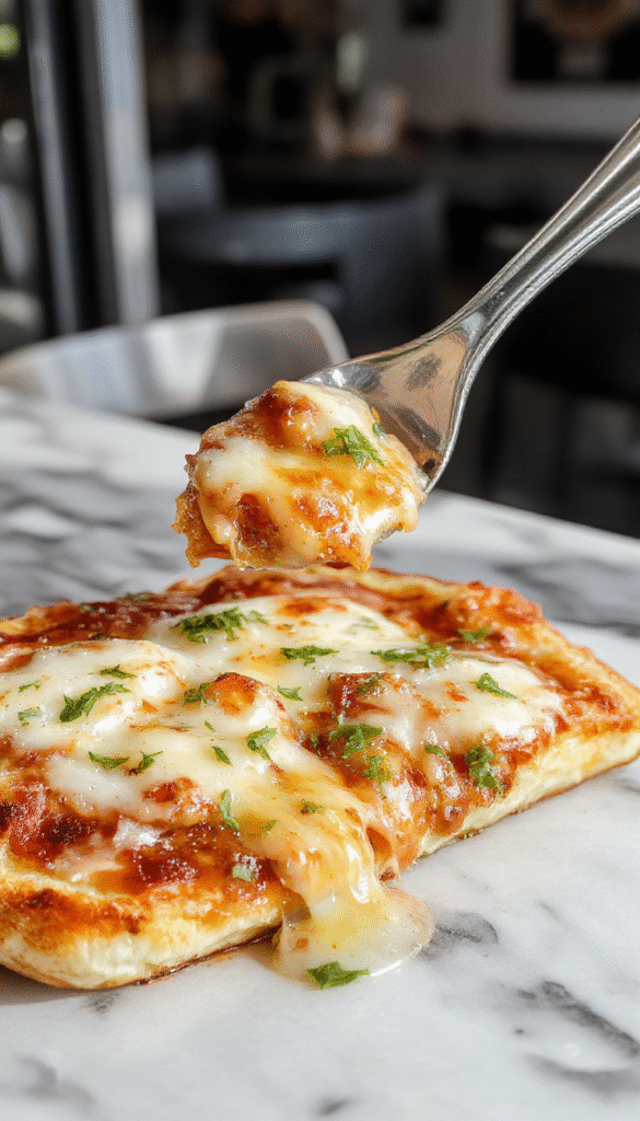 A close-up of a golden-brown French Onion Soup Pizza topped with melted cheese, caramelized onions, and fresh herbs, sliced and presented on a rustic wooden platter with a crispy crust and bubbling cheese.