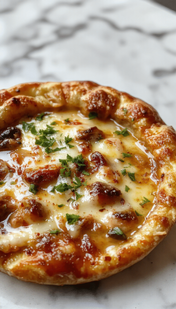 A close-up of a crispy, golden-brown pizza topped with melted cheese, caramelized onions, and fresh herbs. The pizza is sliced and presented on a rustic wooden board with a bubbling cheese crust and tender onion slices visible on top.