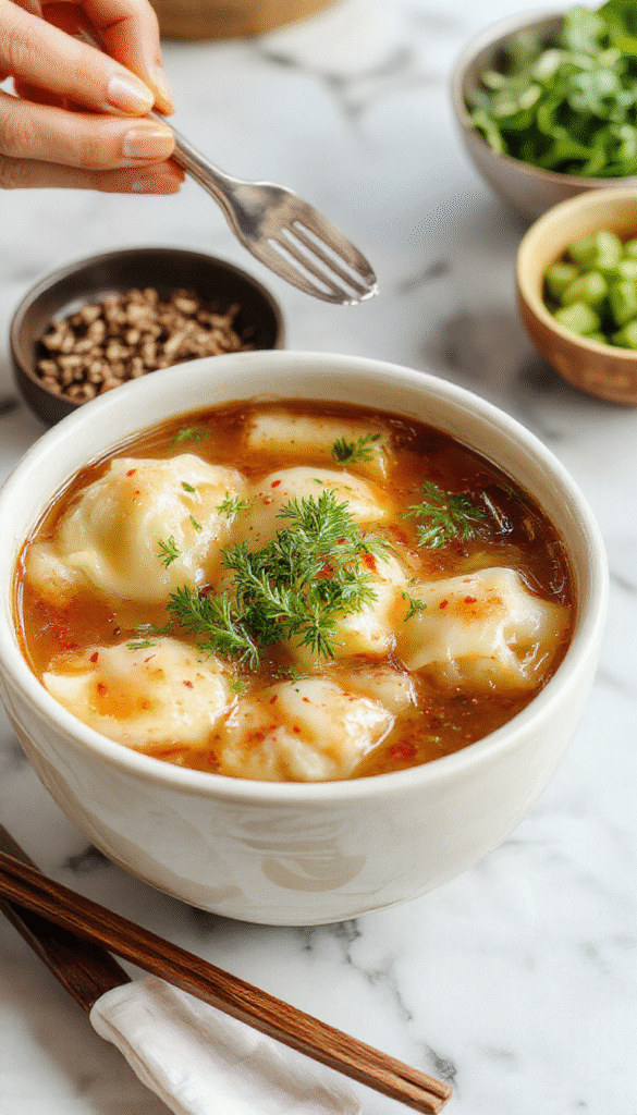 A steaming bowl of Japanese Gyoza Soup featuring golden-brown dumplings nestled in a clear, savory broth. The bowl is garnished with sliced green onions and sesame seeds, with a side of crispy gyoza pieces on a rustic wooden table. The vibrant colors of the soup contrast beautifully with the neat presentation, highlighting the textures of the delicate dumplings and fresh herbs.