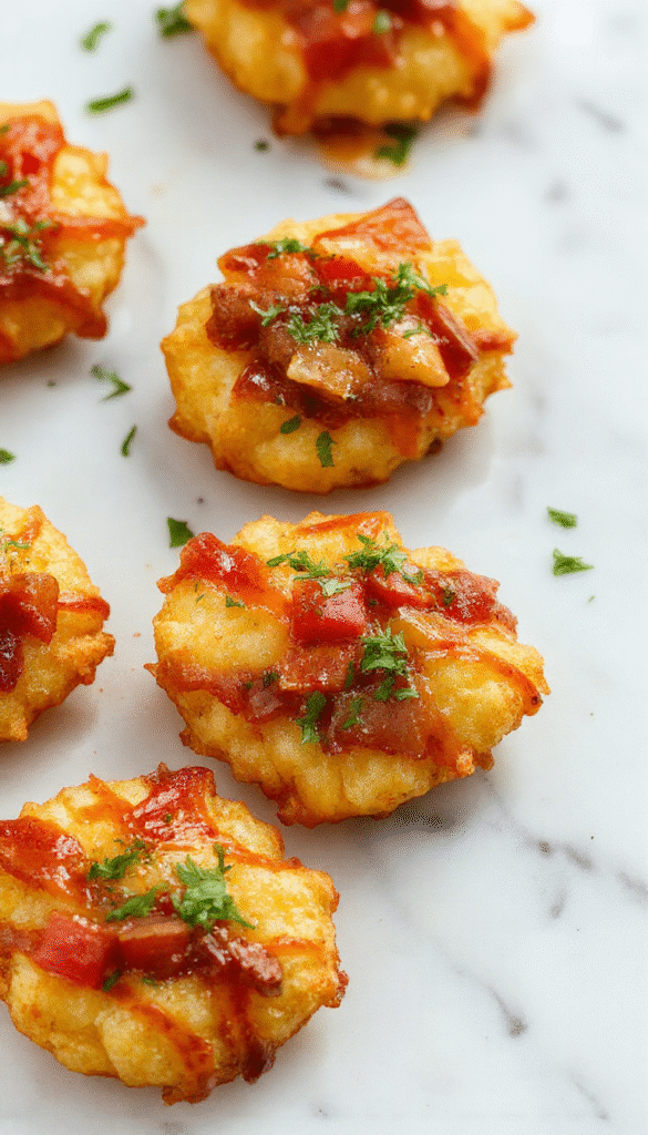 A vibrant plate of golden crispy tater tot appetizers topped with melted cheese, crispy bacon bits, green onions, and a dollop of sour cream, styled on a rustic wooden table with colorful condiments in the background.