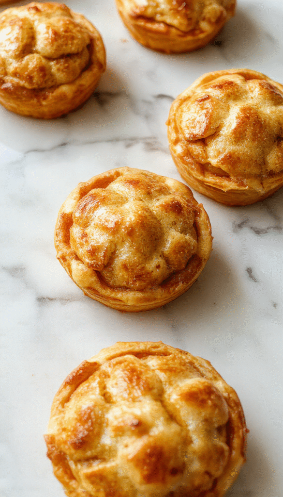 Colorful mini apple pies displayed on a rustic wooden surface, golden-brown crusts filled with spiced apple chunks, sprinkled with sugar, styled with fresh apple slices and cinnamon sticks, inviting and homey presentation.