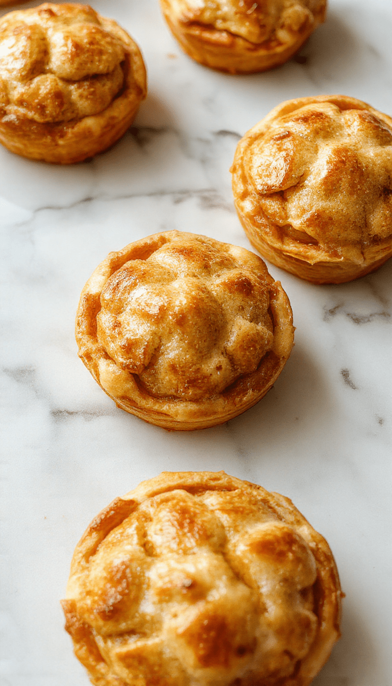 Colorful mini apple pies displayed on a rustic wooden surface, golden-brown crusts filled with spiced apple chunks, sprinkled with sugar, styled with fresh apple slices and cinnamon sticks, inviting and homey presentation.