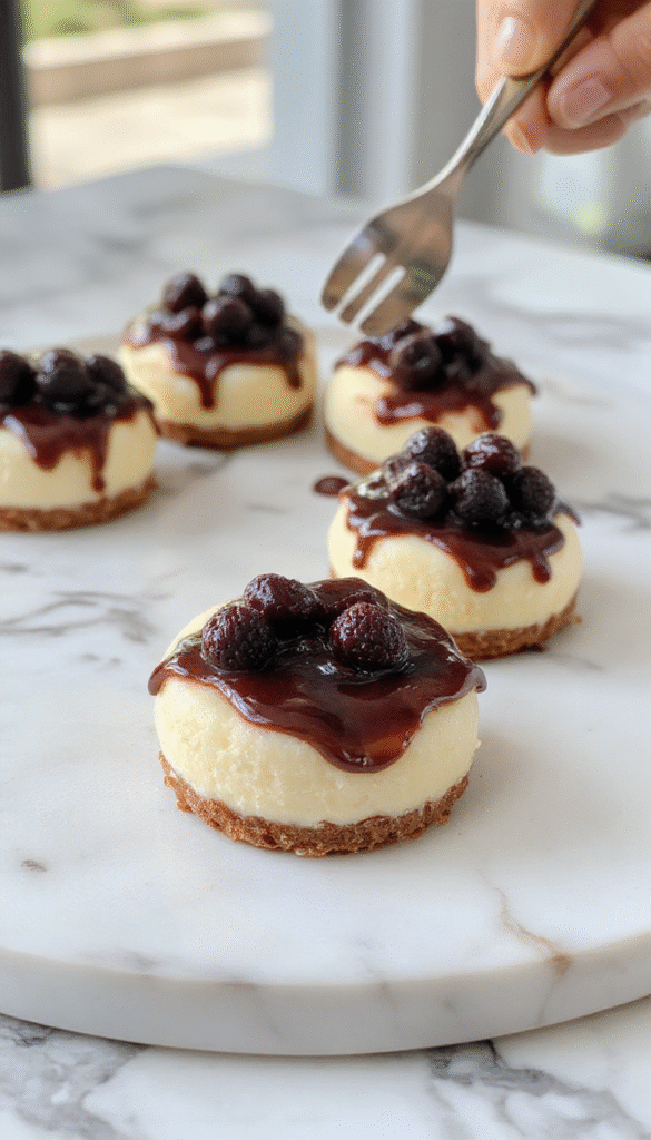 Colorful mini cheesecakes arranged on a white platter, topped with fresh berries and a drizzle of caramel sauce, showcasing creamy texture and golden crust, styled with mint leaves for added freshness