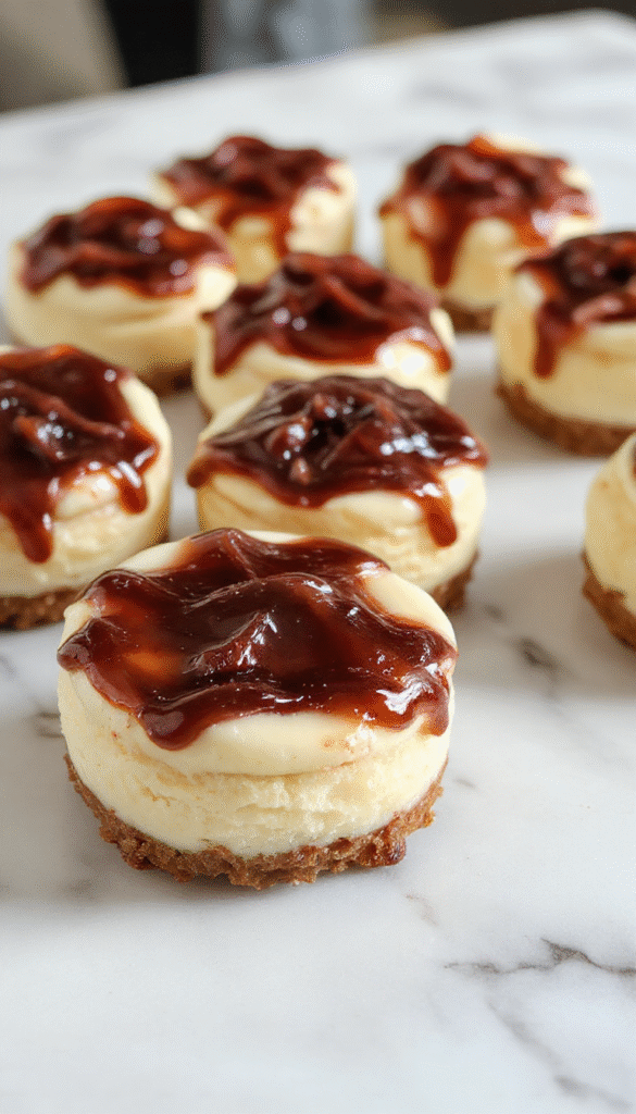 A close-up of three mini cheesecakes on a white plate, each topped with a dollop of whipped cream and a fresh strawberry, showcasing their smooth cream cheese filling, graham cracker crust, and a glossy berry glaze, with a soft-focus background of additional cheesecakes and decorative mint leaves, all styled elegantly with pastel-colored napkins and a rustic wooden table.