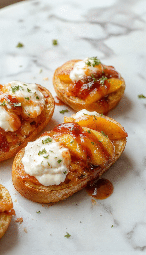 A close-up of vibrant yellow and orange peach slices layered on toasted baguette slices, topped with a generous swirl of creamy whipped ricotta, garnished with fresh mint leaves, on a rustic wooden platter with scattered peach slices and a drizzle of honey, styled for an inviting summer appetizer.