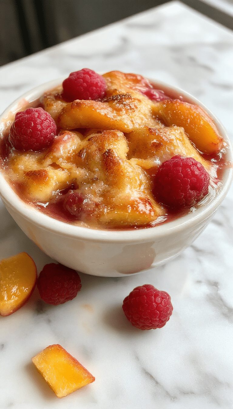 A vibrant and colorful peach and raspberry cobbler displayed on a rustic wooden table, featuring golden-brown crust topped with fresh peach and raspberry slices, garnished with mint leaves, with a slice served revealing warm, fruity filling.