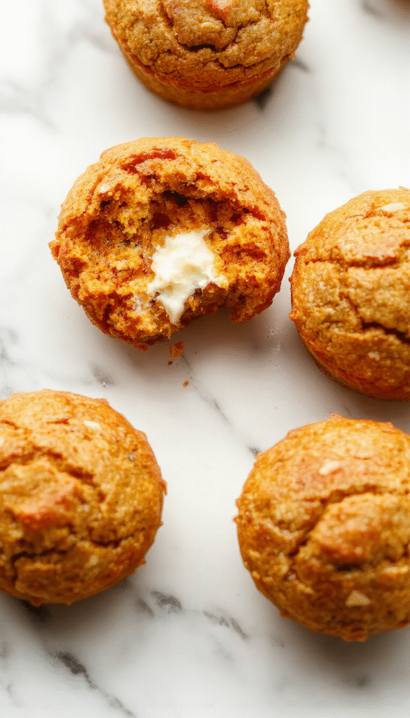 A close-up of warm, freshly baked pumpkin cottage cheese muffins arranged on a rustic wooden platter, showcasing their golden-brown tops and moist texture. The muffins are garnished with a sprinkle of cinnamon and served alongside a cup of tea. The background features a cozy kitchen setting with autumn-themed decor, emphasizing the seasonal appeal.
