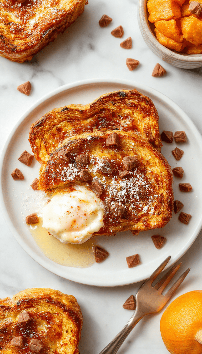 A vibrant plate of pumpkin french toast garnished with fresh maple syrup, powdered sugar, and a sprinkle of cinnamon, topped with toasted pecans and garnished with a sprig of fresh mint, styled on a rustic wooden table with autumn-themed decorations in warm tones.