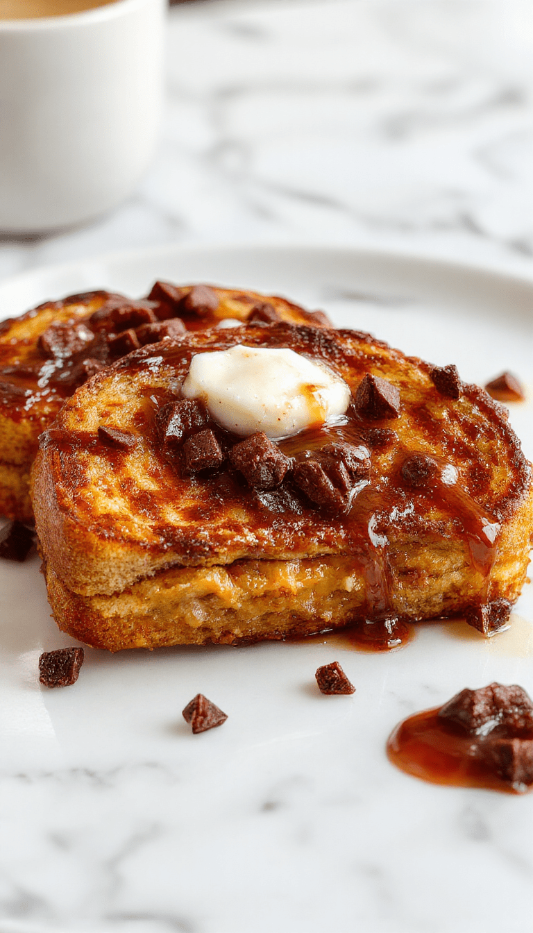 A vibrant plate of pumpkin French toast topped with whipped cream and caramelized pecans, garnished with powdered sugar and fresh herbs, set on a rustic wooden table with fall leaves in the background, highlighting the golden-brown crispy texture and luscious pumpkin filling.