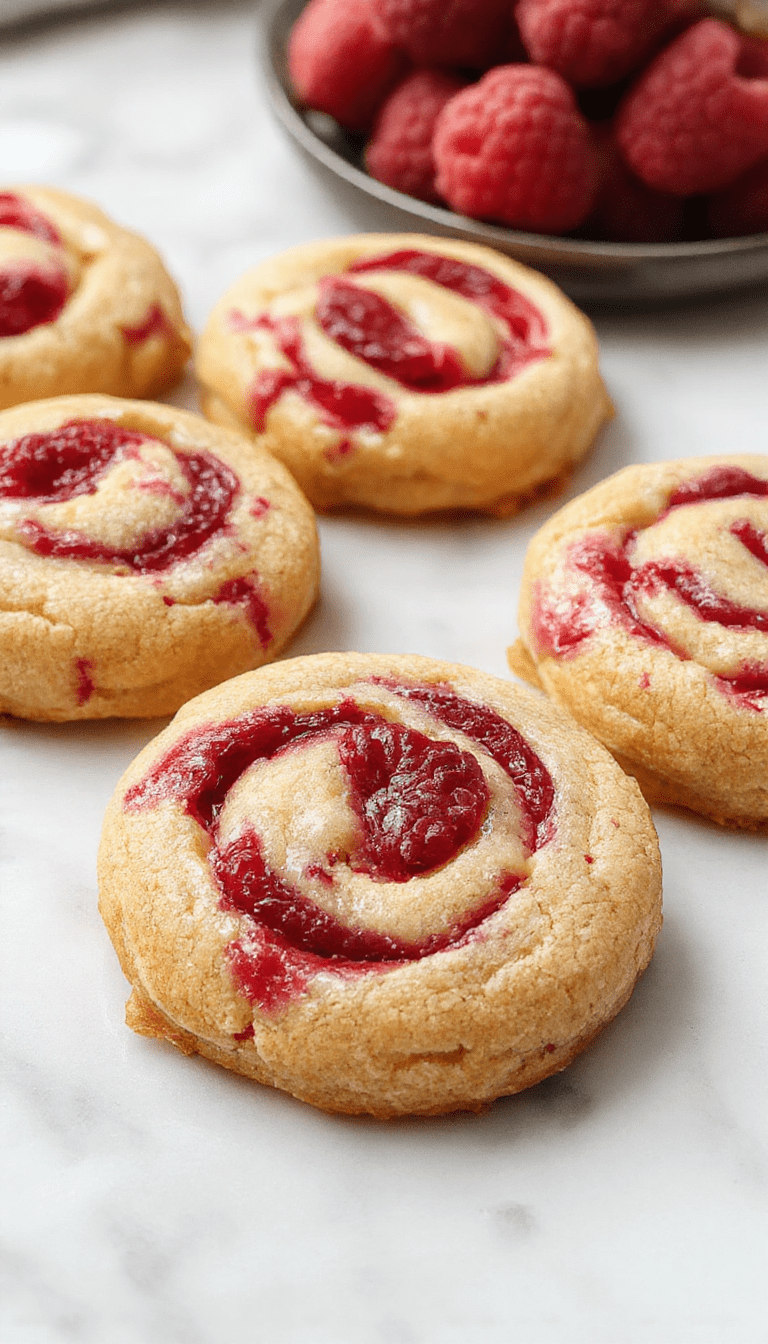 Colorful raspberry swirl cookies beautifully plated on a white ceramic dish, showcasing vibrant red and purple swirls on golden-brown cookies with a textured surface, garnished with fresh raspberries and mint leaves, styled with soft natural lighting for an inviting presentation.