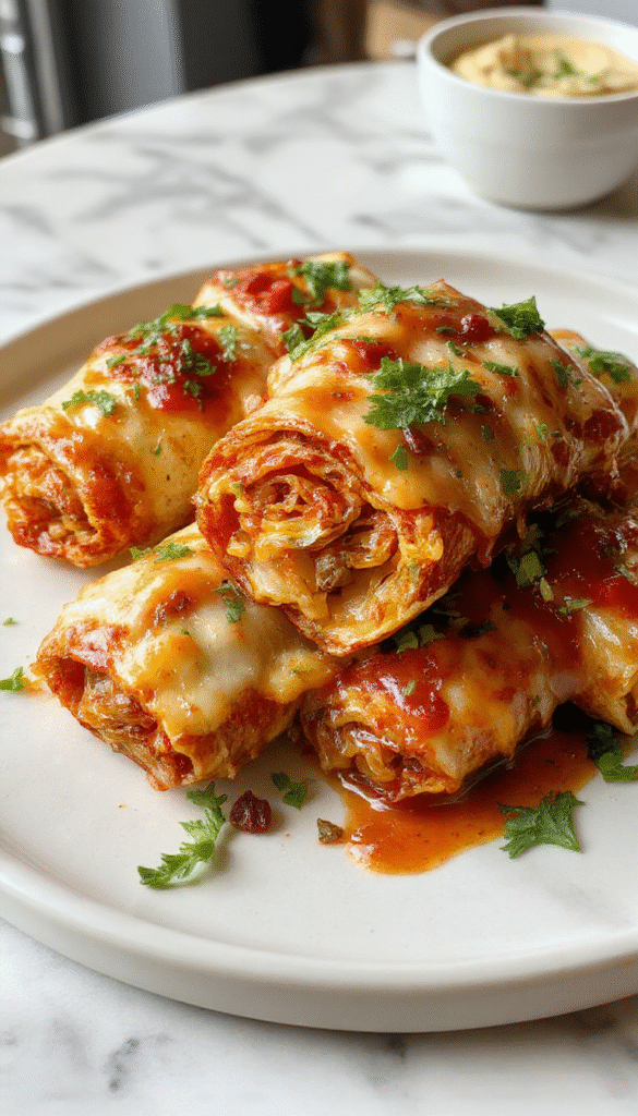 Colorful display of golden-brown vegan pizza rolls arranged on a wooden platter, filled with bright tomato sauce, melted vegan cheese, and fresh herbs, garnished with green leafy herbs and a drizzle of olive oil, with a rustic background setting.