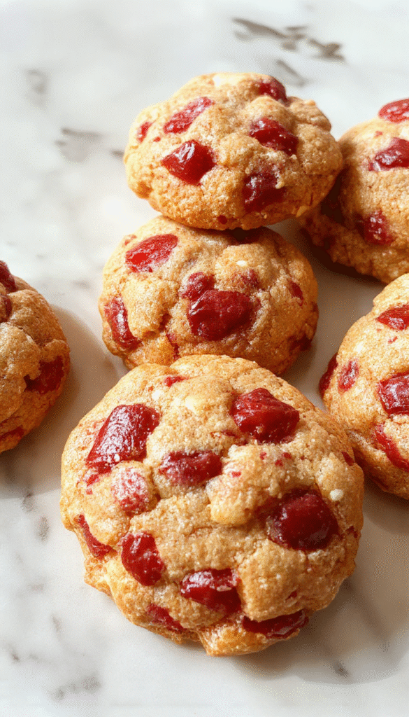 A close-up of vibrant red strawberry crunch cookies arranged on a rustic wooden plate, topped with fresh strawberries and a drizzle of white chocolate, showcasing their crunchy texture and colorful appeal.