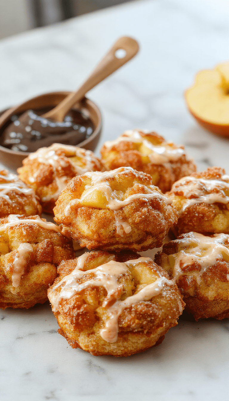 Golden-brown apple fritter bites arranged on a rustic white plate, topped with a light dusting of powdered sugar. The bites reveal tender apple chunks inside crispy, flaky exterior. Vibrant red and green apple slices decorate the background, with a drizzle of caramel sauce and a sprig of mint for garnish, styled in a cozy kitchen setting with natural lighting.