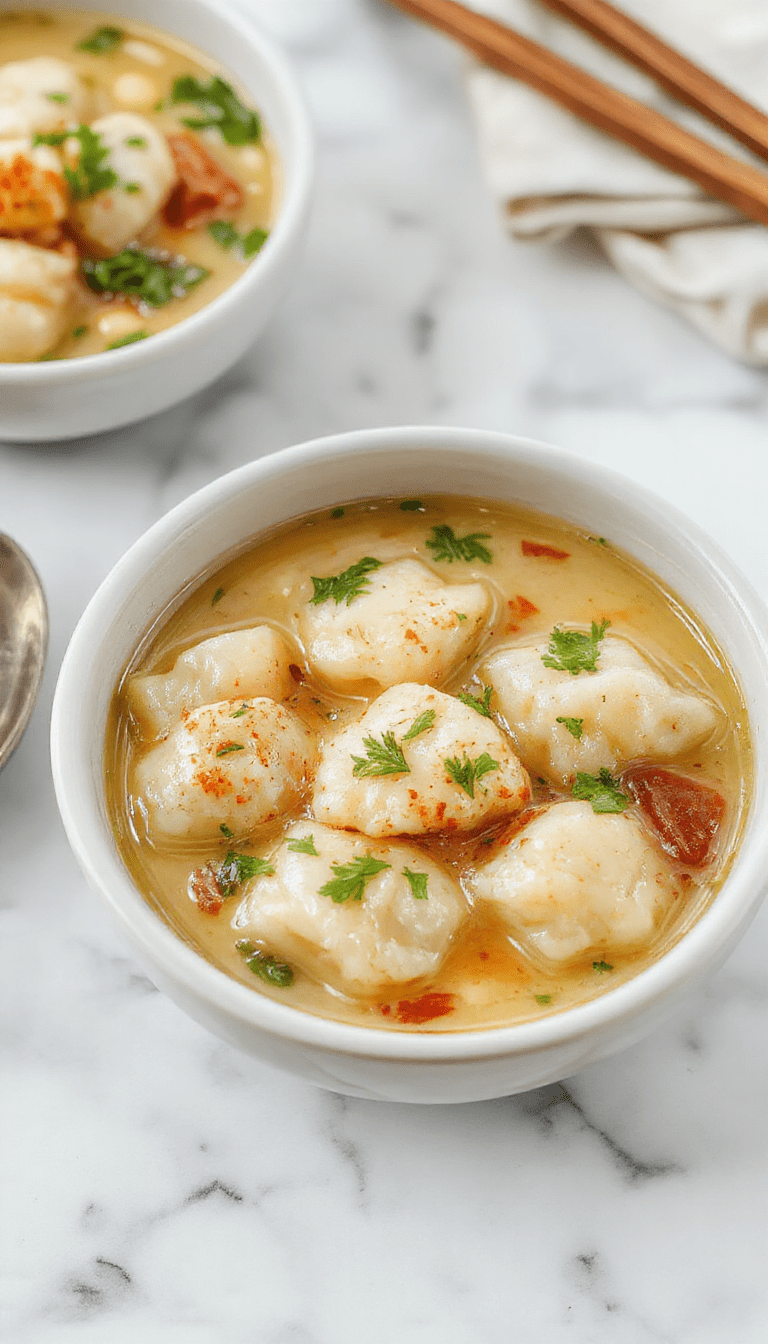 A steaming bowl of Asian dumpling potsticker soup featuring golden-brown potstickers floating in a clear, flavorful broth garnished with chopped green onions and sesame seeds, with vibrant vegetables and herbs visible in the background, styled in a rustic ceramic bowl on a bamboo mat.