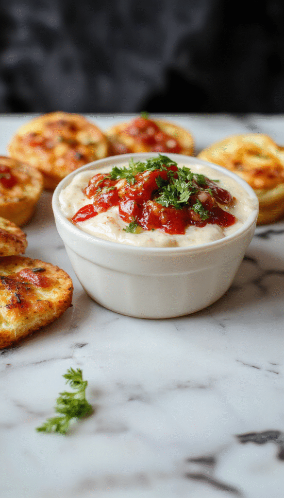 Colorful and vibrant bruschetta dip served in a white ceramic bowl, topped with fresh chopped tomatoes, basil leaves, and a drizzle of olive oil. The dip has a chunky, textured appearance with visible herbs and tomato pieces, surrounded by sliced baguette toasts and garnished with additional basil for an inviting look.