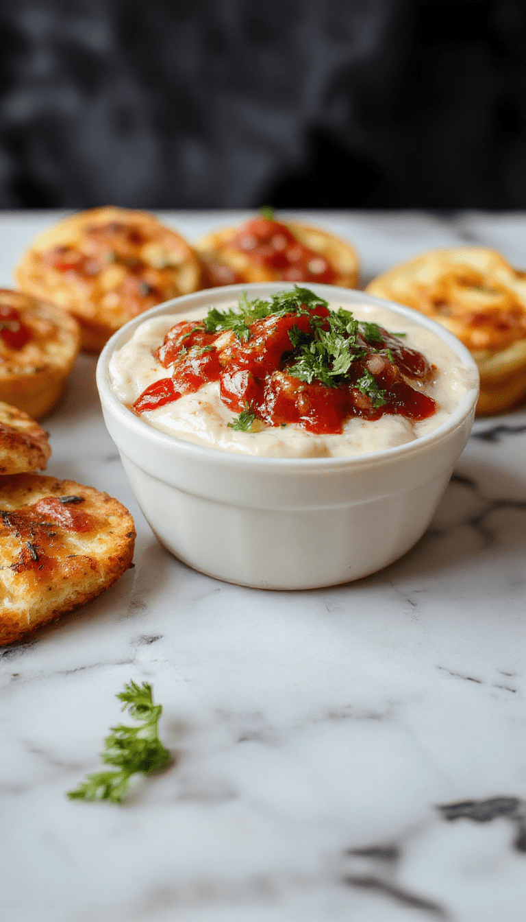 Colorful and vibrant bruschetta dip served in a white ceramic bowl, topped with fresh chopped tomatoes, basil leaves, and a drizzle of olive oil. The dip has a chunky, textured appearance with visible herbs and tomato pieces, surrounded by sliced baguette toasts and garnished with additional basil for an inviting look.