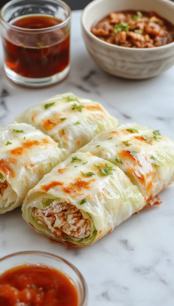 A vibrant plate featuring rolled cabbage leaves stuffed with seasoned rice and meat, garnished with fresh herbs, set on a rustic wooden table with a side of tomato sauce, showcasing a crispy and tender texture with colorful ingredients.