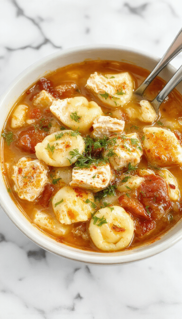 A vibrant bowl of chicken tortellini stew topped with fresh herbs, creamy sauce coating plump tortellini, with tender chunks of chicken and colorful vegetables, styled in a rustic white bowl on a wooden table