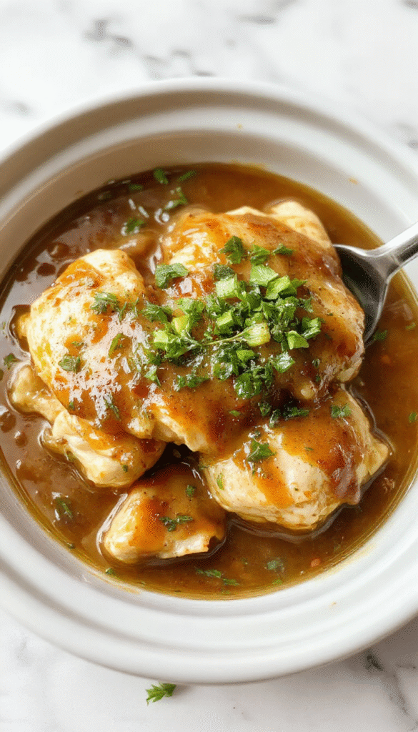 A piping hot dish of shredded chicken in rich, glossy gravy, served in a rustic white bowl on a wooden table. The chicken is tender with visible herbs, accompanied by steamed vegetables and garnished with fresh parsley, presenting a cozy and inviting meal with steamy textures and golden hues.