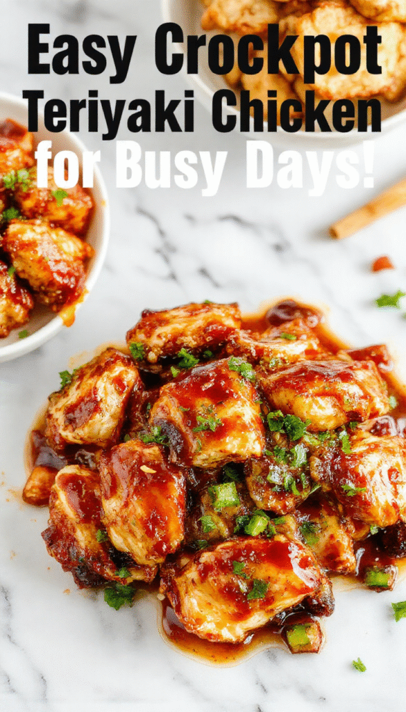 A vibrant plate of tender crockpot teriyaki chicken glazed with shiny, sticky sauce, garnished with sesame seeds and chopped green onions, served alongside steamed rice on a rustic wooden table with a colorful background.