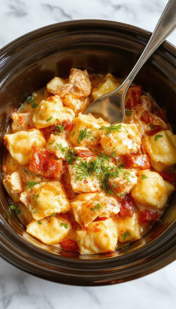 Colorful and inviting bowl of cooked chicken tortellini with a rich creamy sauce, garnished with fresh basil, served on a rustic wooden table with chopped herbs and grated cheese, showcasing a comforting and appealing presentation.