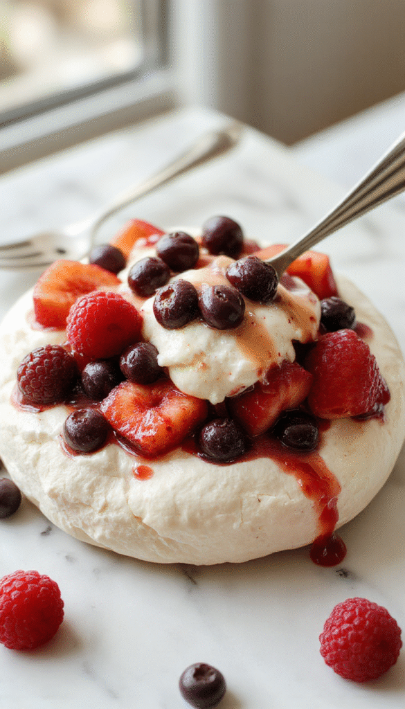 A pristine pavlova meringue with a crisp golden exterior and a soft, marshmallow-like interior, topped with generous dollops of whipped cream and an array of vibrant fresh fruits including strawberries, blueberries, and kiwi slices, arranged beautifully on a white cake stand with a soft-focus background highlighting the textures and colors.