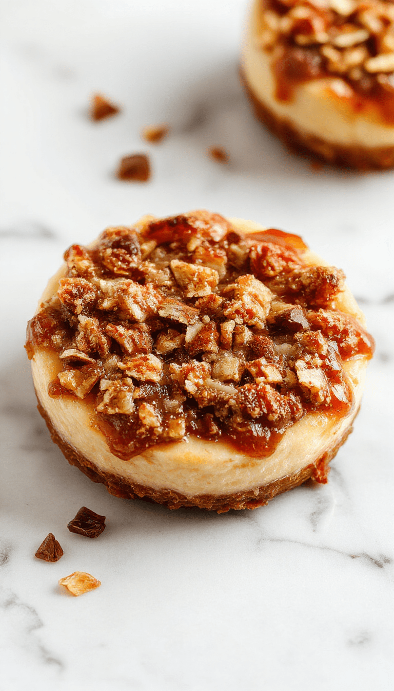 Colorful mini cheesecakes topped with golden apple crisp, garnished with caramel drizzle and cinnamon, styled on a rustic wooden board with fall leaves in the background