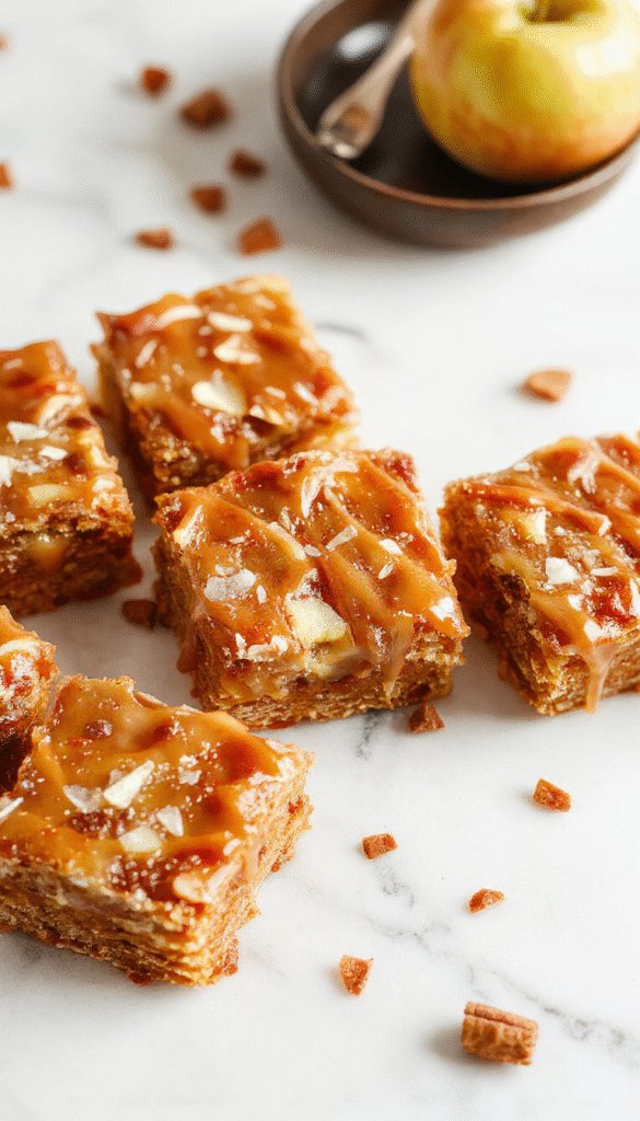 A close-up of golden-brown apple bars topped with drizzles of rich salted caramel, sprinkled with flaky sea salt, and garnished with sliced fresh apples on a wooden cutting board, with a autumn-themed background featuring warm tones and cozy ambiance.