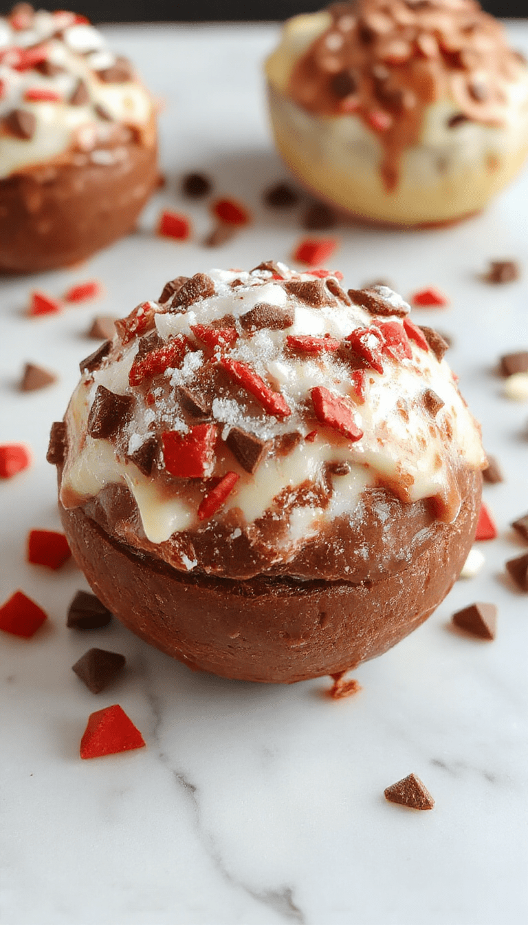 A vibrant Christmas hot chocolate bomb sits on a rustic wooden surface, partially unwrapped to reveal a colorful chocolate shell filled with marshmallows and cocoa powder, surrounded by festive decorations like pinecones, cinnamon sticks, and peppermint candies, with a cozy holiday ambiance and soft lighting highlighting the textures and rich colors.