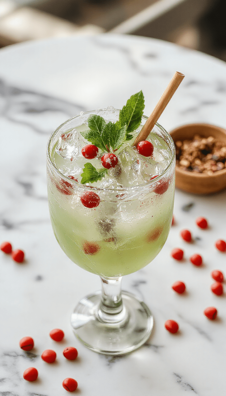 A vibrant, colorful margarita glass filled with bright green liquid topped with fresh mistletoe leaves and small red berries, garnished with a lime wedge on a festive red and green background, sparkling with condensation and a holiday-themed setting.