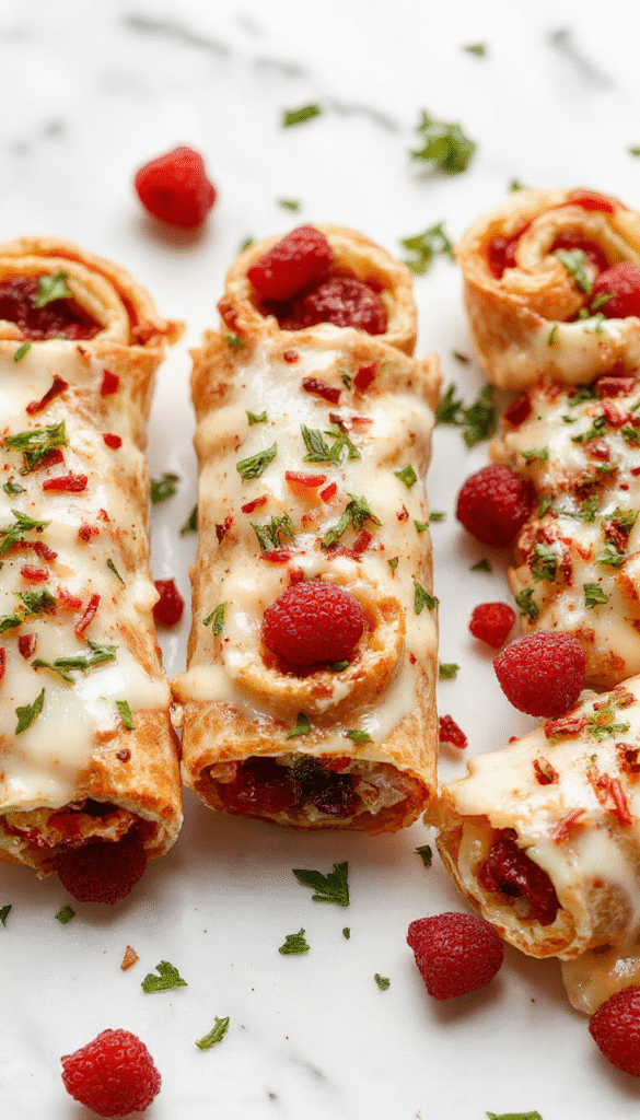A vibrant plate featuring crispy white roll ups filled with bright red cranberry filling, garnished with fresh mint leaves, drizzled with a glossy glaze, served on a rustic wooden board with festive decorations in the background
