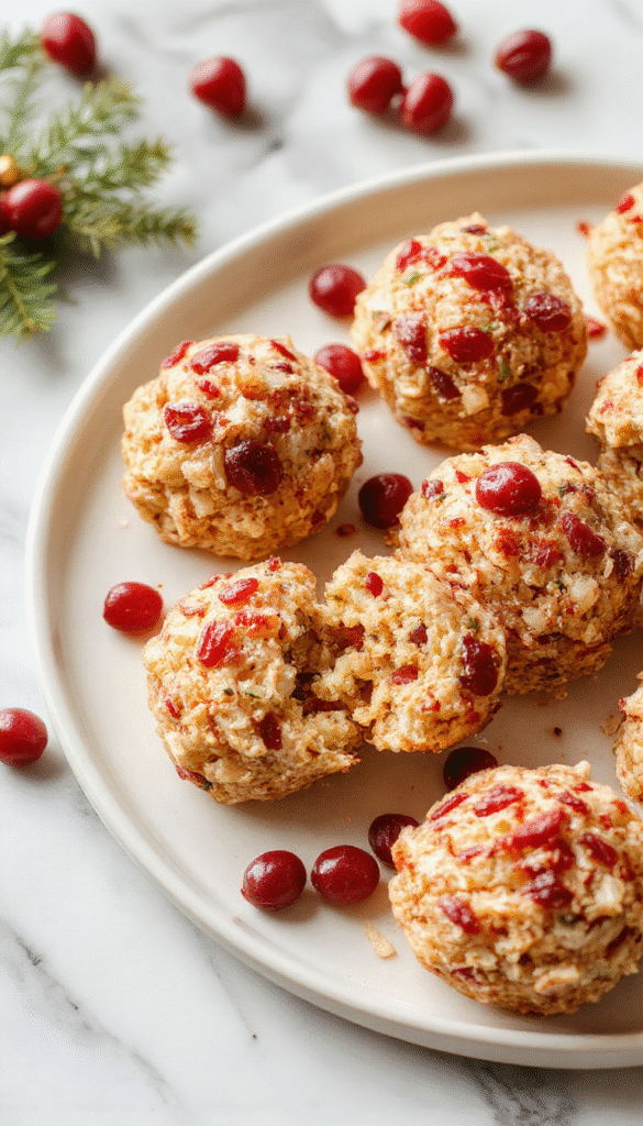 Colorful close-up of golden-brown turkey and cranberry stuffing balls arranged on a white platter with fresh herbs and a drizzle of sauce, showcasing crispy exterior and moist interior, styled with holiday-themed decorations and a rustic background.