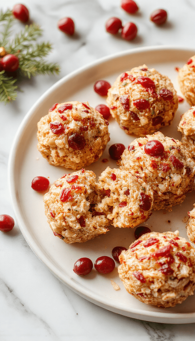 Colorful close-up of golden-brown turkey and cranberry stuffing balls arranged on a white platter with fresh herbs and a drizzle of sauce, showcasing crispy exterior and moist interior, styled with holiday-themed decorations and a rustic background.