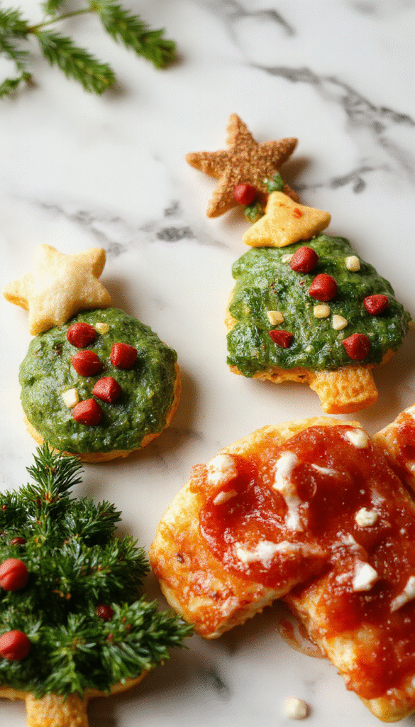 Colorful festive children's Christmas meal arranged on a bright table, featuring mini sandwiches, colorful veggie sticks, decorated cookies, and small cups of milk, styled for a cheerful holiday presentation