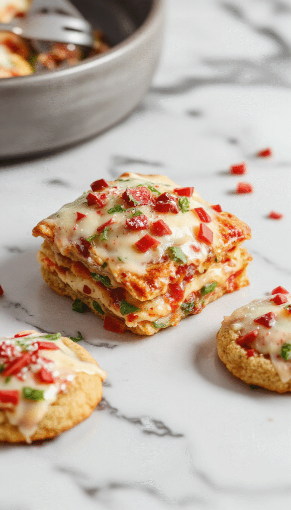 A colorful layered Christmas cookie lasagna on a festive holiday plate, featuring vibrant red and green cookies, creamy frosting, and holiday sprinkles, styled with a festive napkin and holiday decorations in the background