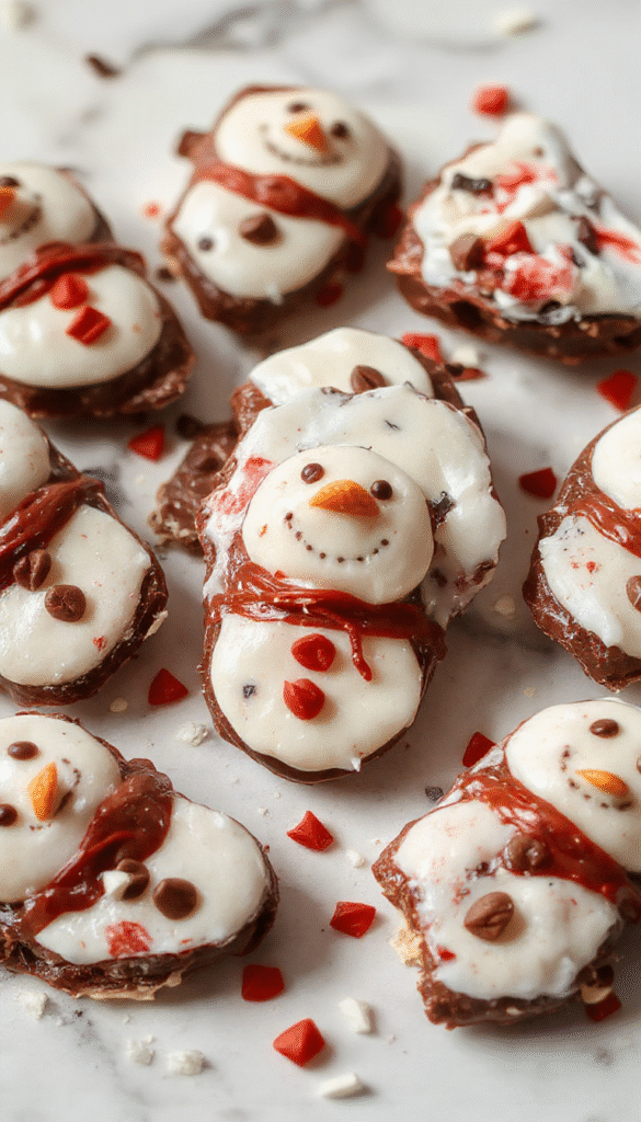 Colorful Christmas snowman-shaped chocolate bark on a festive plate, decorated with white, red, and green candy melts, sprinkles, and edible glitter, styled with holiday-themed decorations