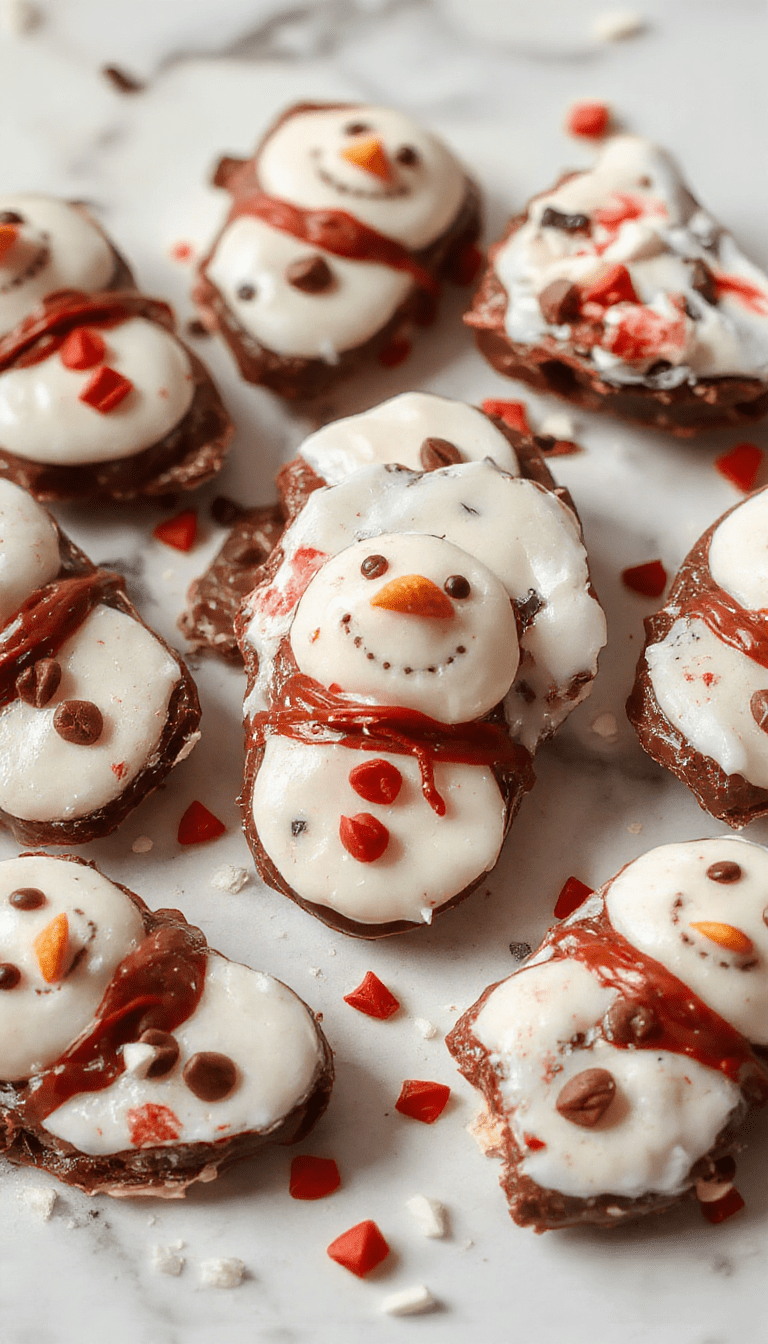 Colorful Christmas snowman-shaped chocolate bark on a festive plate, decorated with white, red, and green candy melts, sprinkles, and edible glitter, styled with holiday-themed decorations