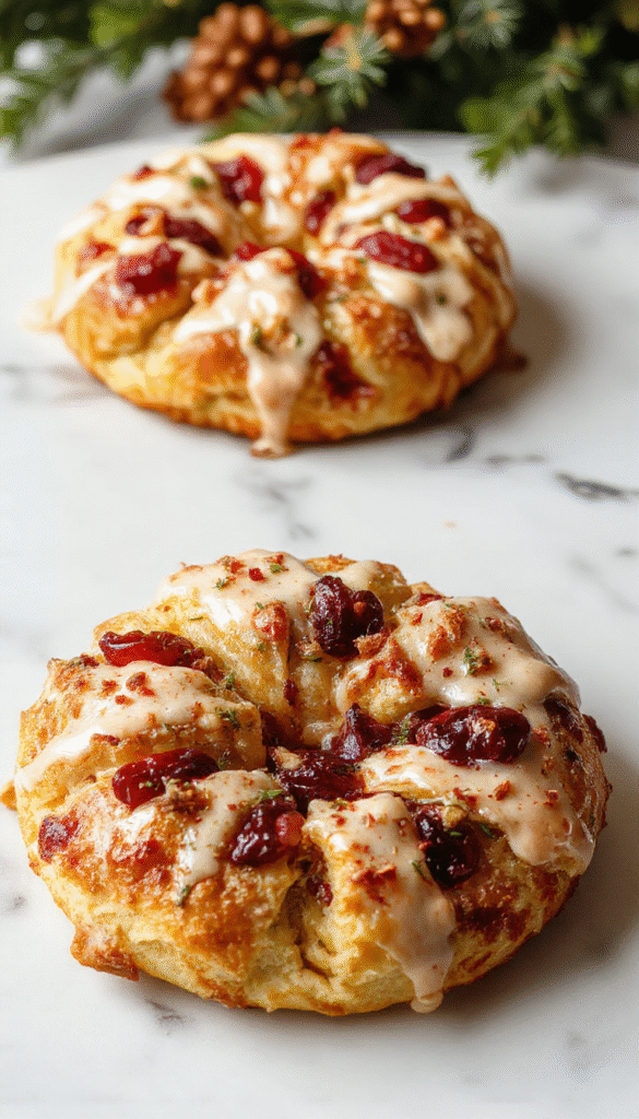 A golden-brown crescent ring filled with turkey and vibrant cranberry sauce, garnished with fresh herbs on a white serving platter, surrounded by holiday decorations with warm lighting highlighting its flaky, crispy texture.