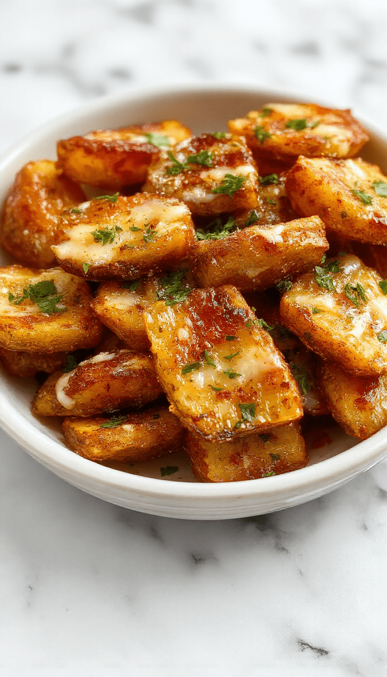 A close-up of golden-brown sweet potato wedges drizzled with melted parmesan cheese and garnished with chopped parsley, arranged on a rustic wooden platter with a garlic dipping sauce on the side, styled with fresh herbs and a vibrant background.